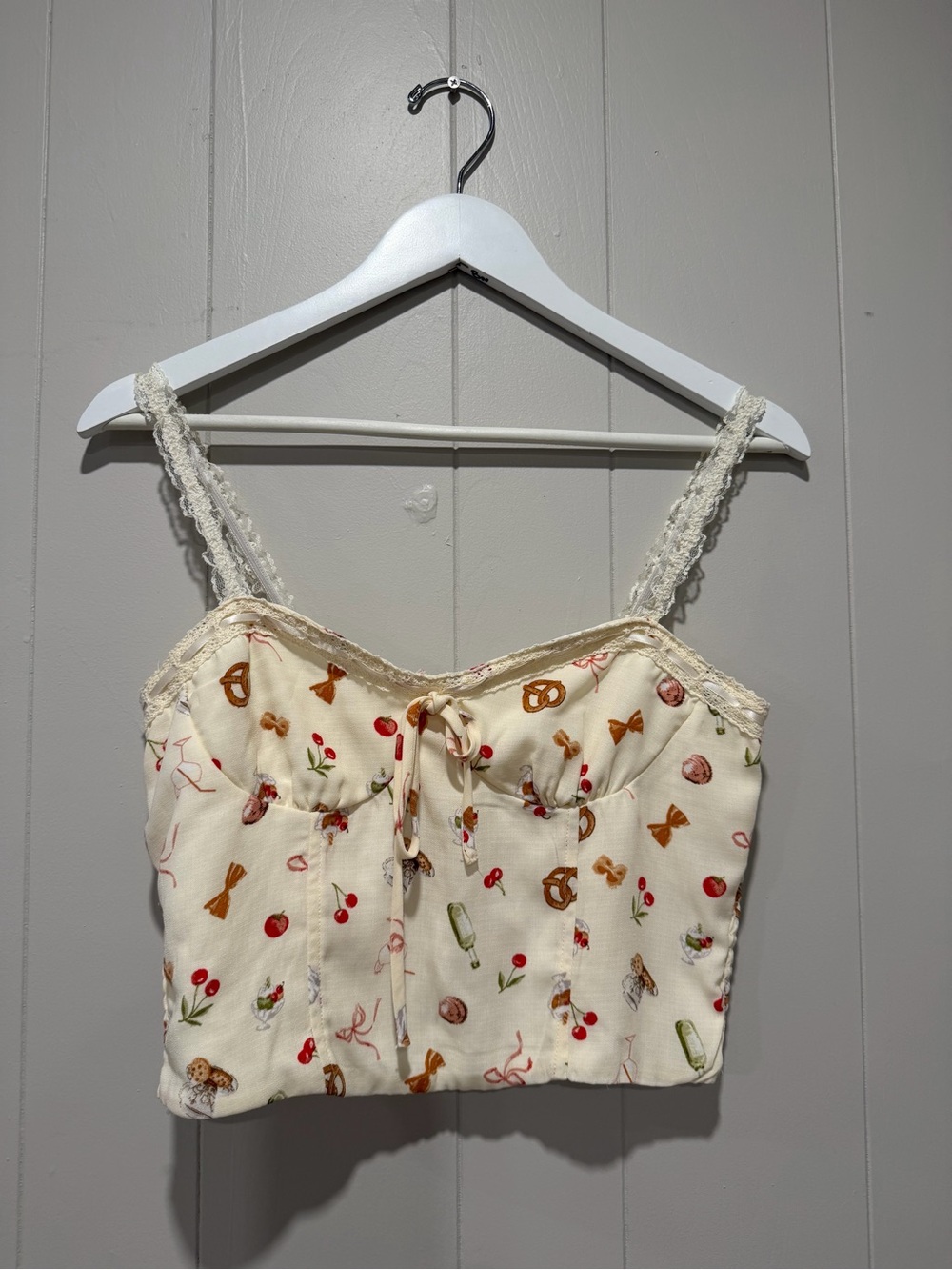 Cream Printed Lace-Trim Cami with Playful Snack Motif